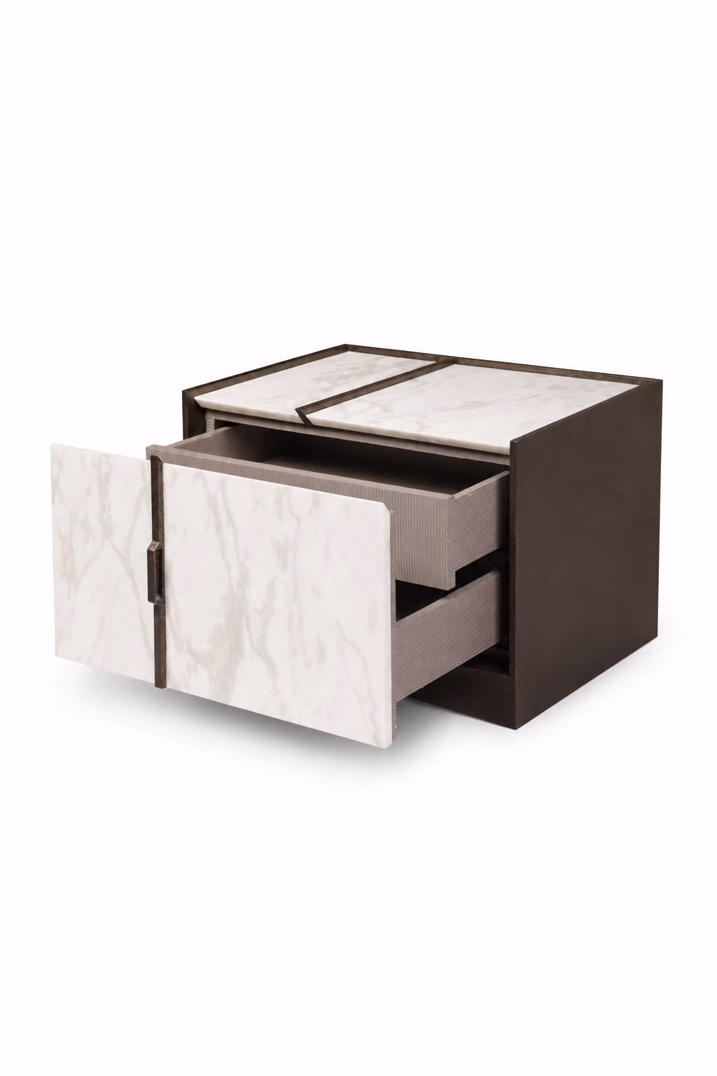 Low bedside table with a dark bronze metal frame and white marble drawer fronts and top, one drawer pulled open to show a grey lining.