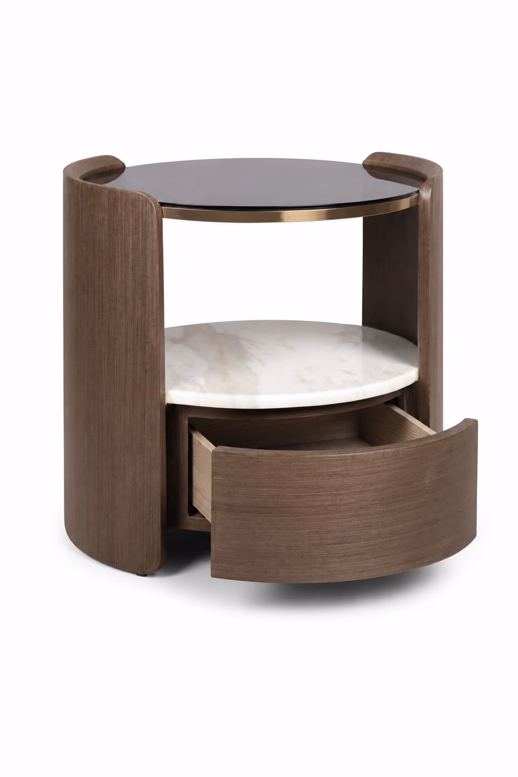 The same round walnut bedside table with its curved wood drawer pulled open below the white marble shelf.