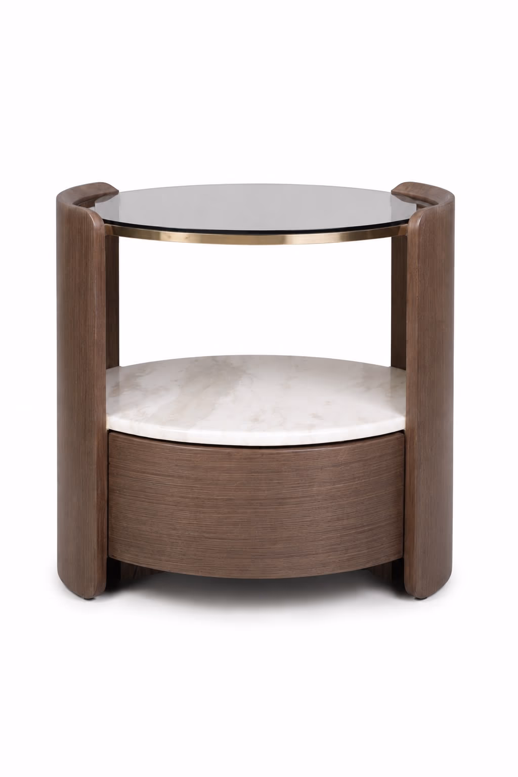 Round bedside table with two curved walnut posts, a smoked black glass top ringed in brass, a white marble mid-shelf and a curved wood drawer, closed.