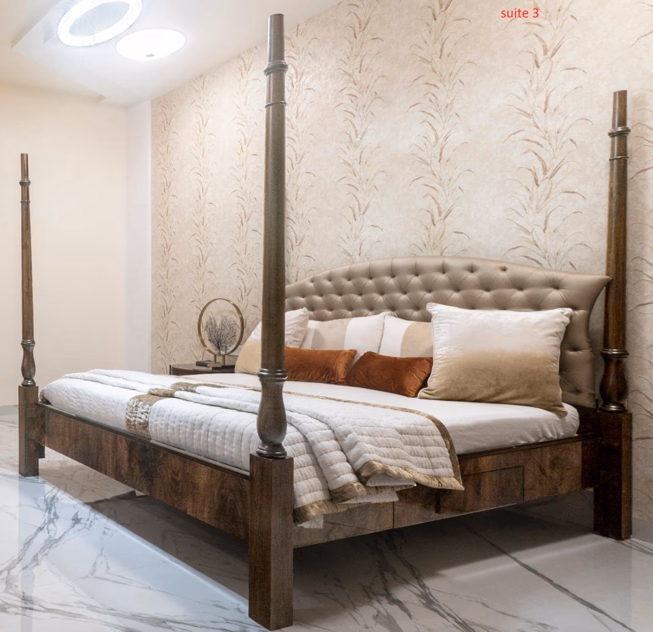Dark wood four-poster bed with tall square posts and a wide champagne button-tufted headboard, dressed in white bedding between two mirrored bedside tables in a grey panelled room.