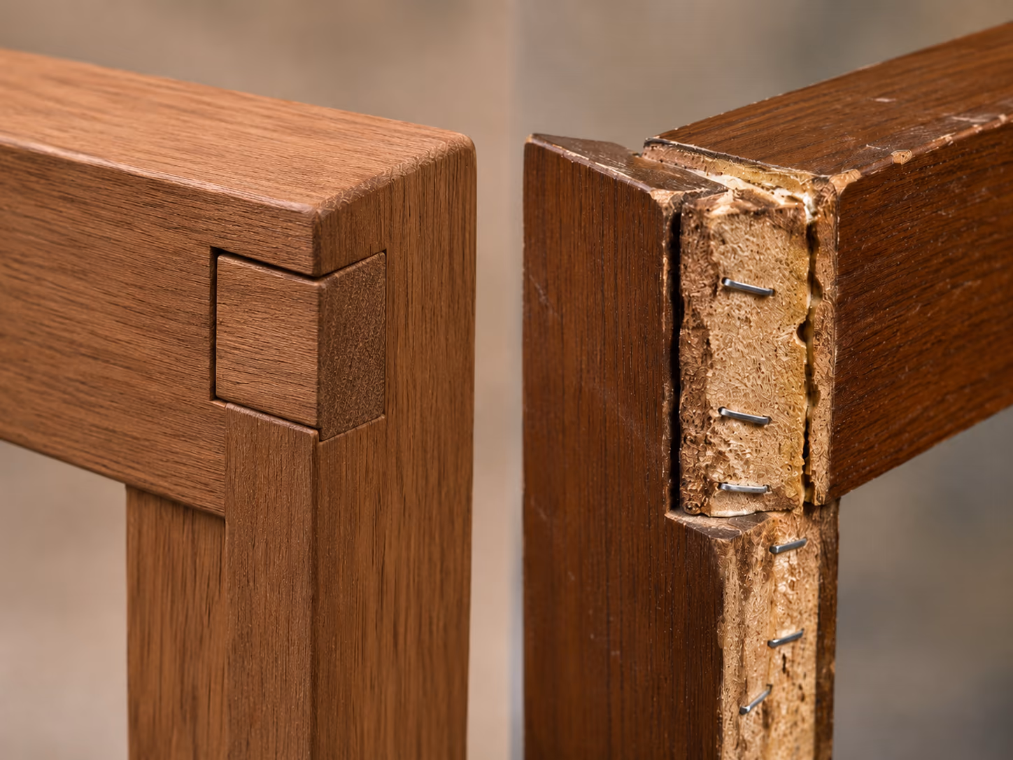 A hand-cut mortise and tenon joint shown next to a stapled butt joint from imported furniture.