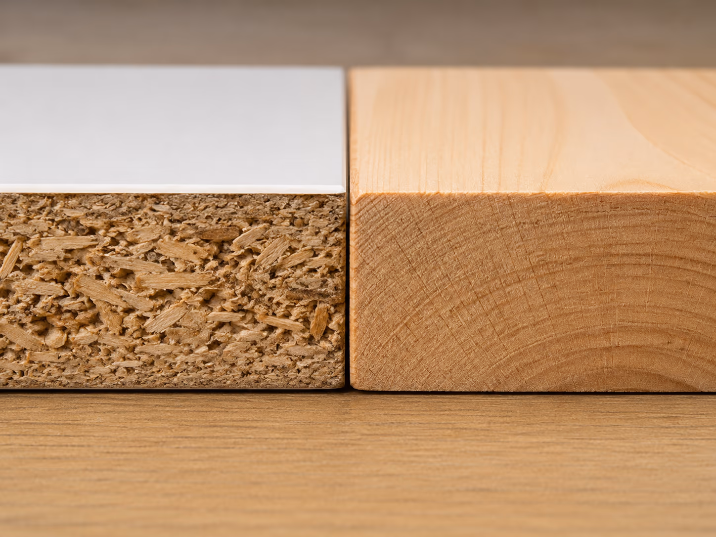 Cut-open imported particle-board panel with a printed skin next to a solid seasoned-timber section