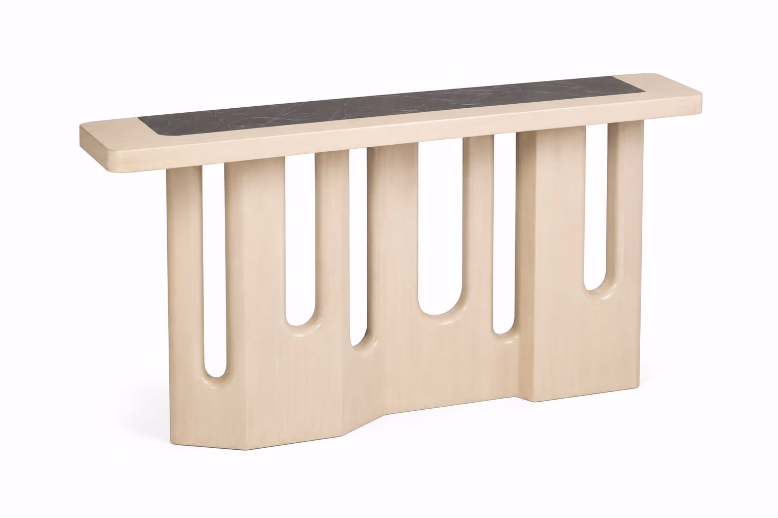 Angled view of the bleached oak console showing the depth of the carved organ-pipe slotted base and the black marble inset top.