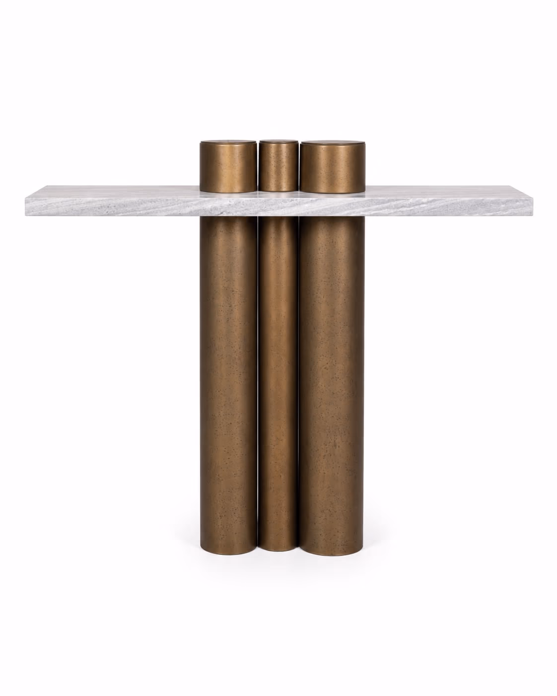 Console table with a grey marble slab pierced by three antique-brass cylindrical columns that rise above and drop below the top.