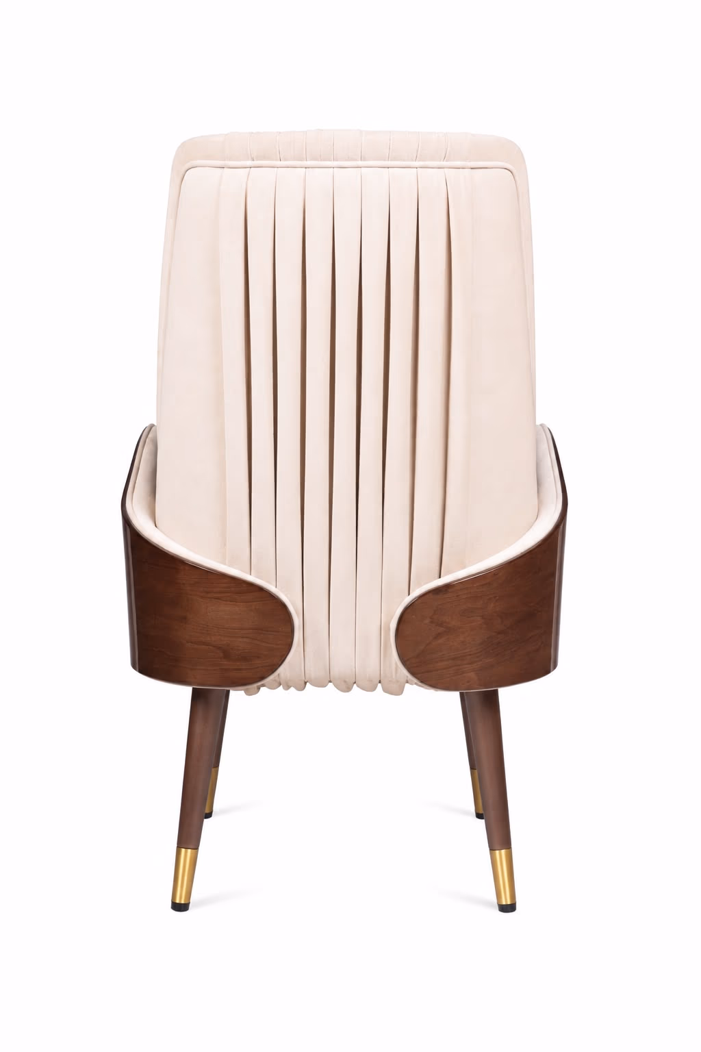 Back view of the cream velvet dining armchair showing the full-length pleated back panel between two curved walnut arm shells.