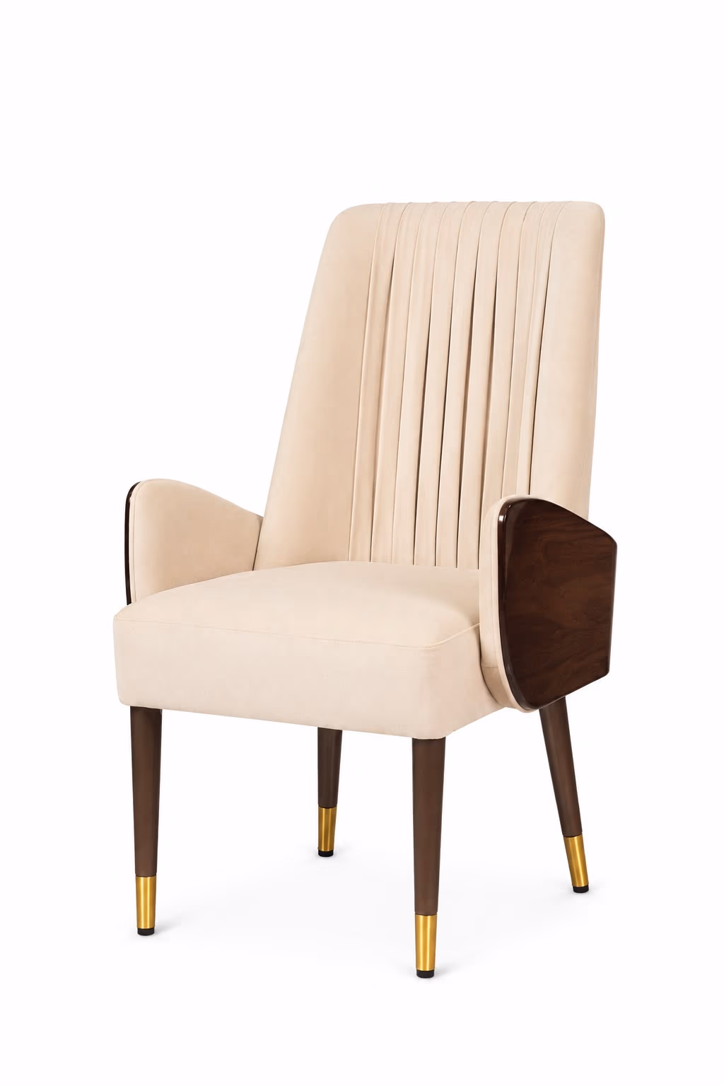 Side view of the cream velvet dining armchair showing the curved walnut arm cap and brass-capped tapered walnut legs.