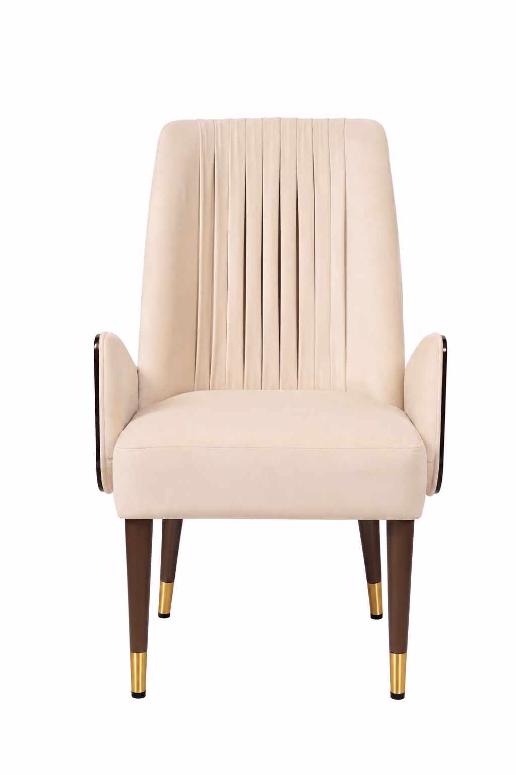 Cream velvet high-back dining armchair with a pleated centre back panel, walnut wood arm caps and brass-tipped tapered legs, front view.