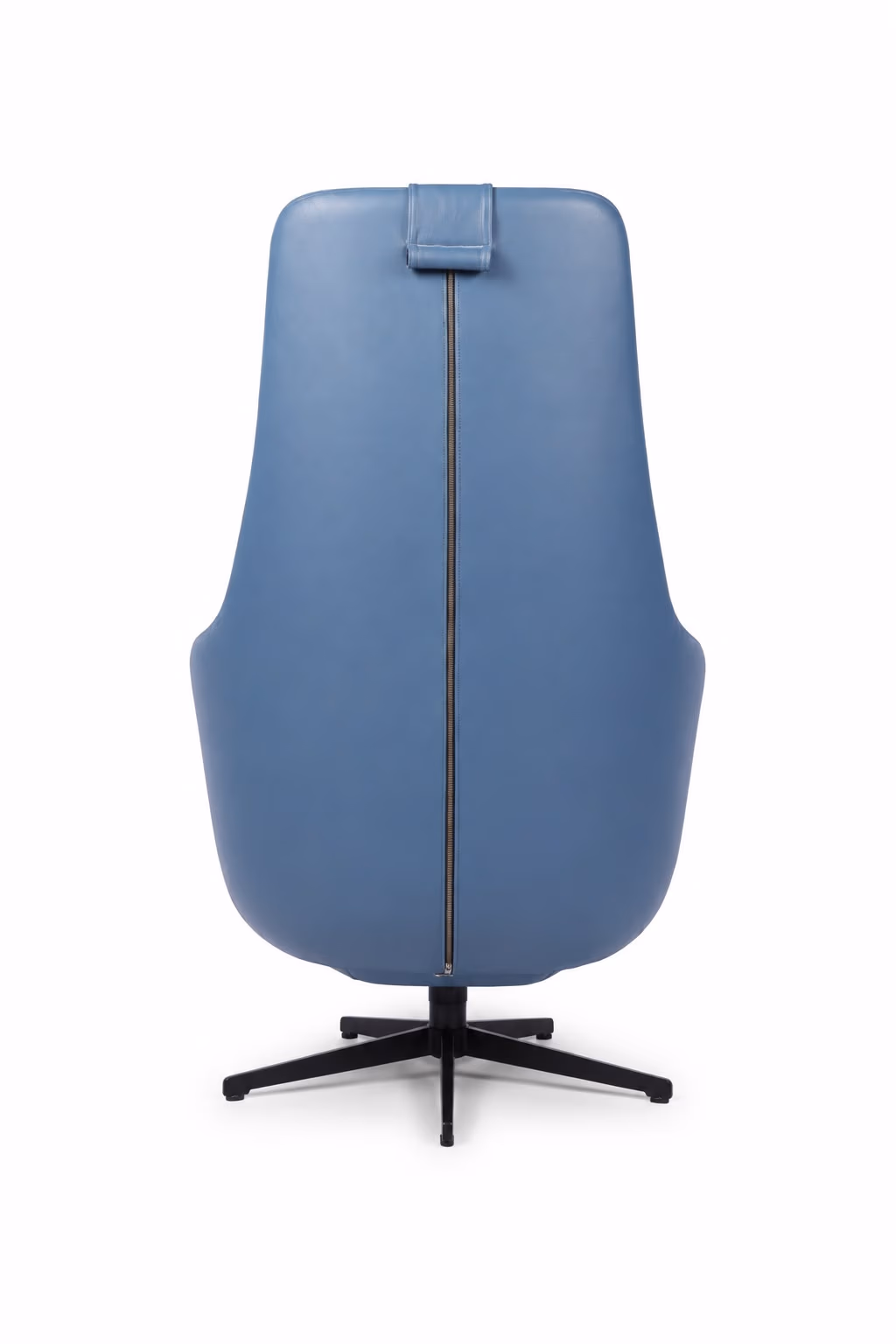 Back view of the steel-blue leather executive chair showing the centre seam and the black five-star swivel base.