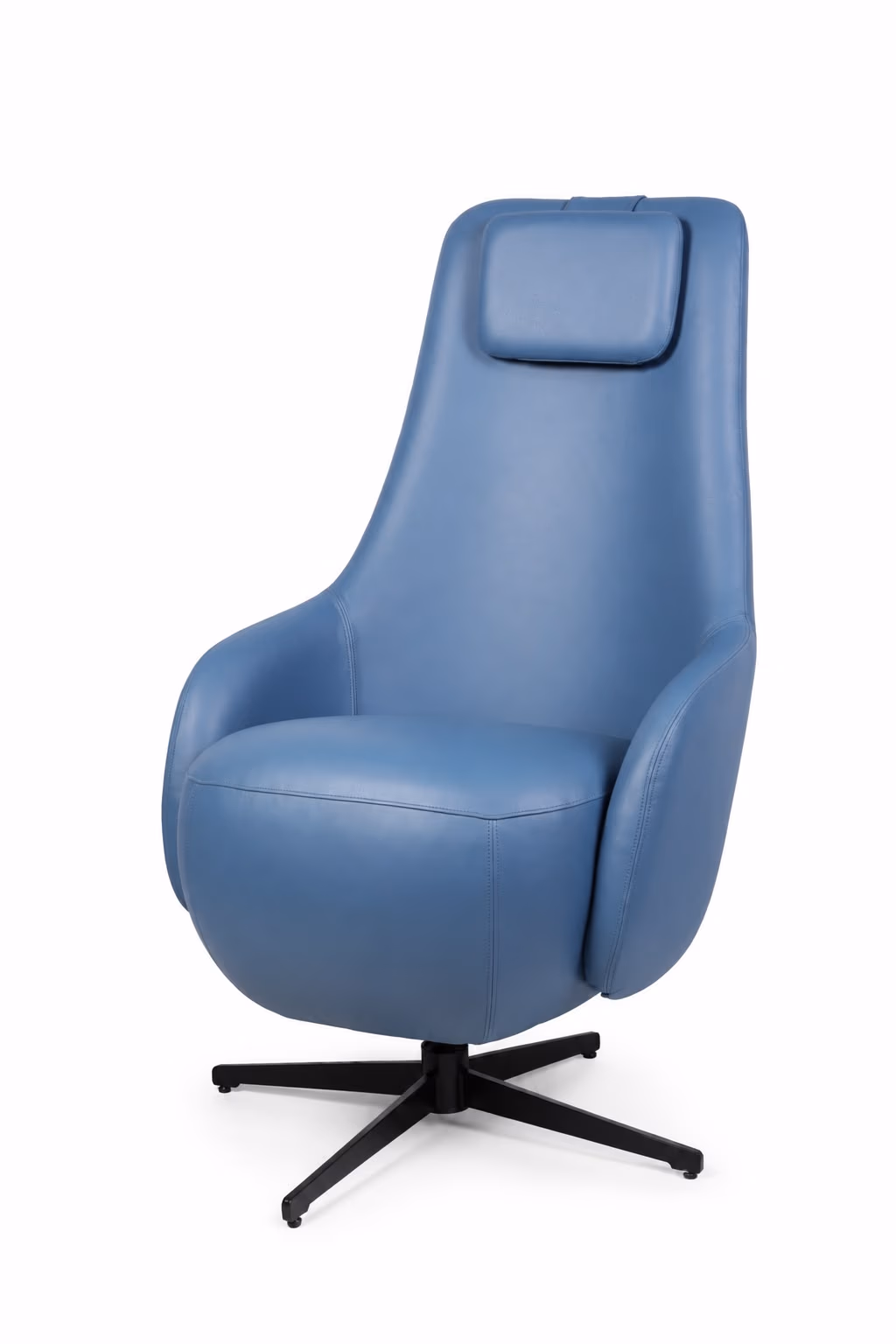 Side view of the steel-blue leather executive chair showing its tall curved back, headrest and rolled seat.