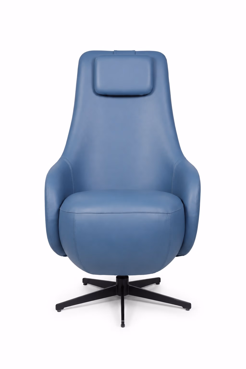 Steel-blue leather high-back executive swivel chair with a padded headrest pillow on a black five-star base, front view.