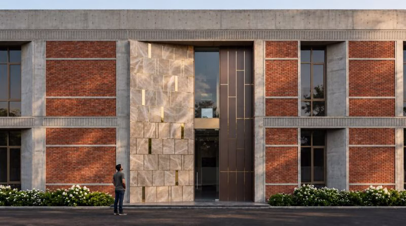 The grand stone-and-brass entrance of Designatore's 80,000 sq ft luxury furniture factory in India.