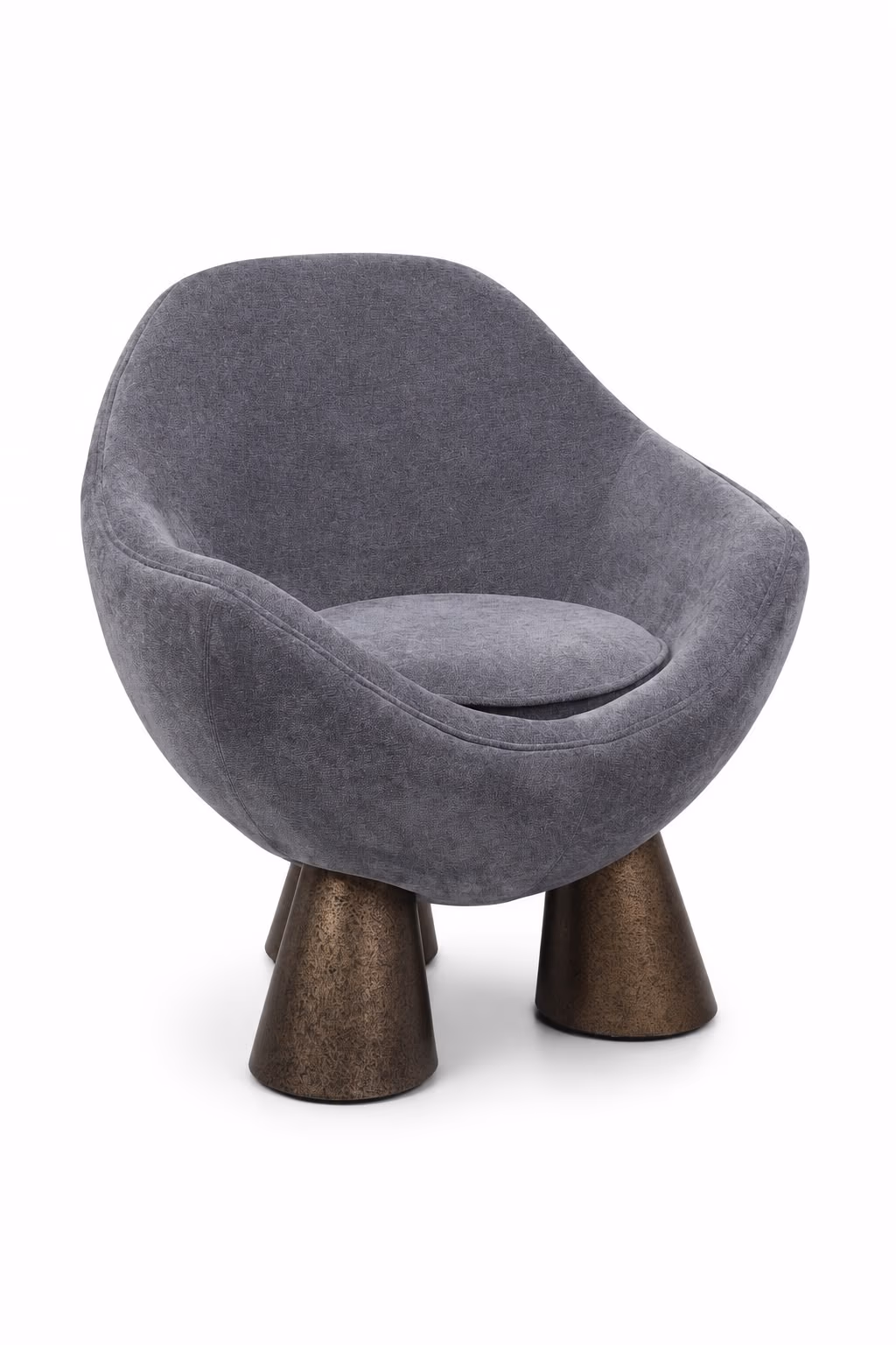 Three-quarter view of the grey chenille pod chair showing its deep scooped seat and the three antique-bronze cone legs.