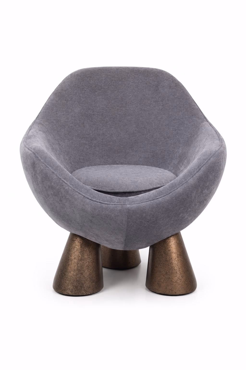 Rounded grey chenille pod-shaped tub chair with a deep scooped seat resting on three cast bronze cone feet, front view.