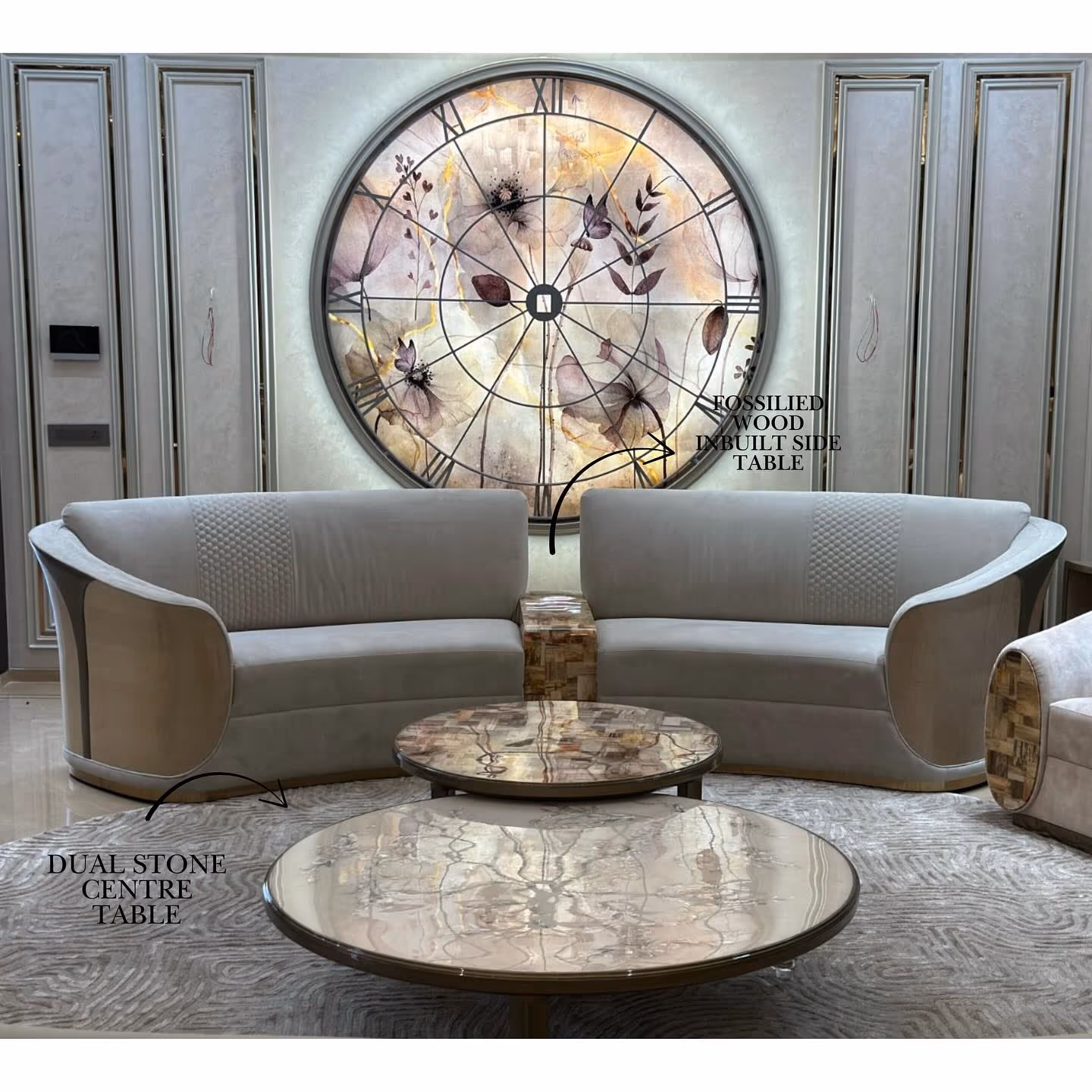 A bespoke tufted sofa set in a warm, glamorous living room.