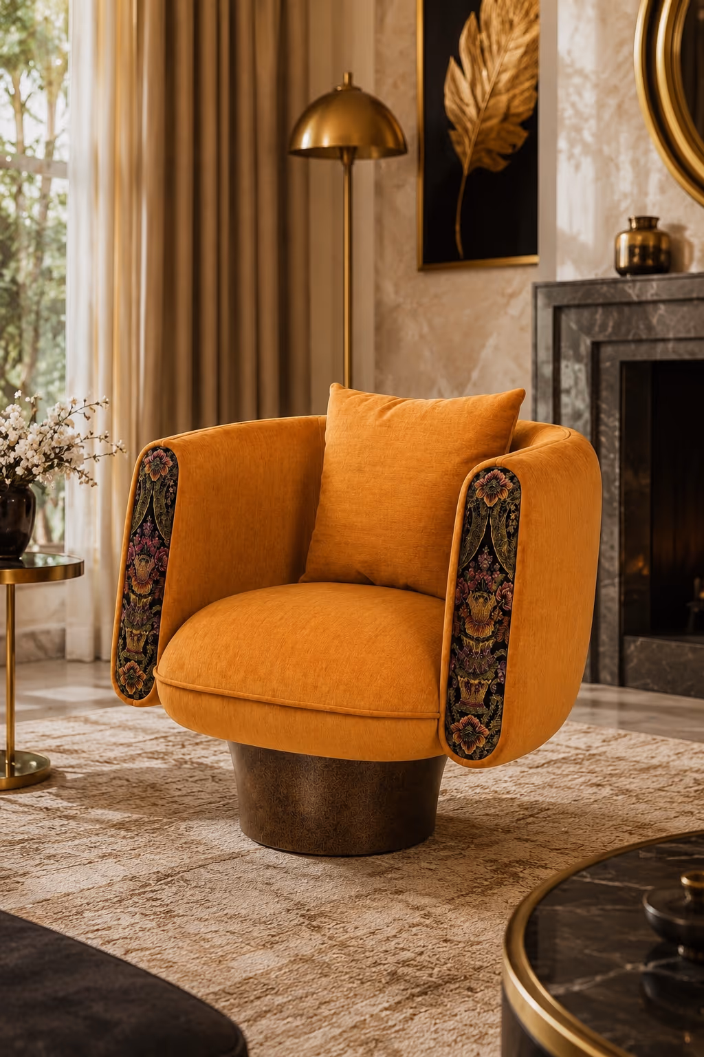 Mustard gold velvet swivel tub chair with black floral tapestry panels on the outer arms, a loose back cushion and an antique-bronze drum base, front view.