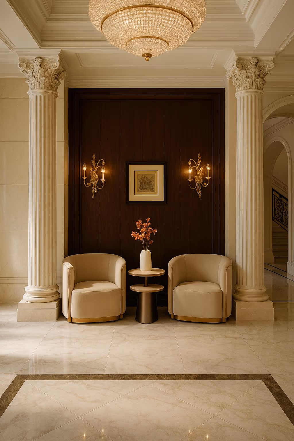 Pair of cream tub accent chairs flanking a round side table between fluted marble columns in a chandelier-lit luxury foyer