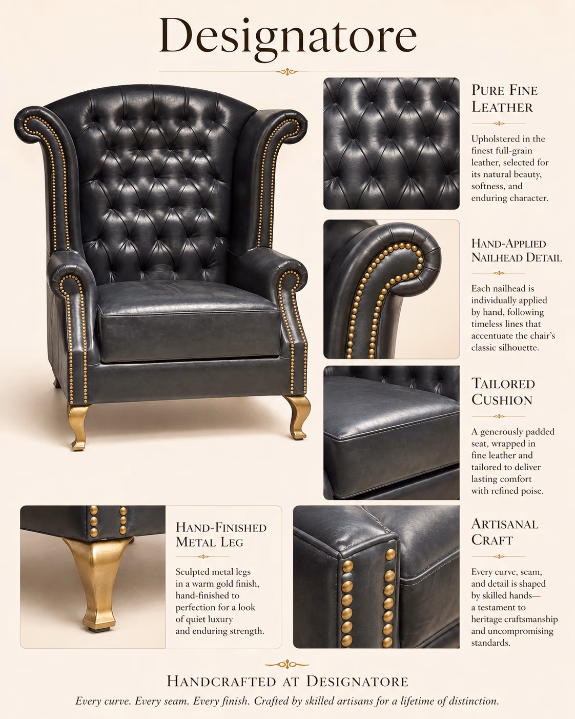 Designatore black full-grain leather wingback chair, deep-buttoned and tufted with hand-applied gold nailhead trim on warm gold cabriole legs.