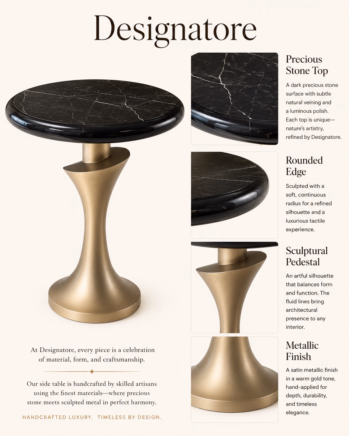 Designatore black marble side table with a round dark precious-stone top and natural white veining on a curved warm-gold hourglass pedestal.