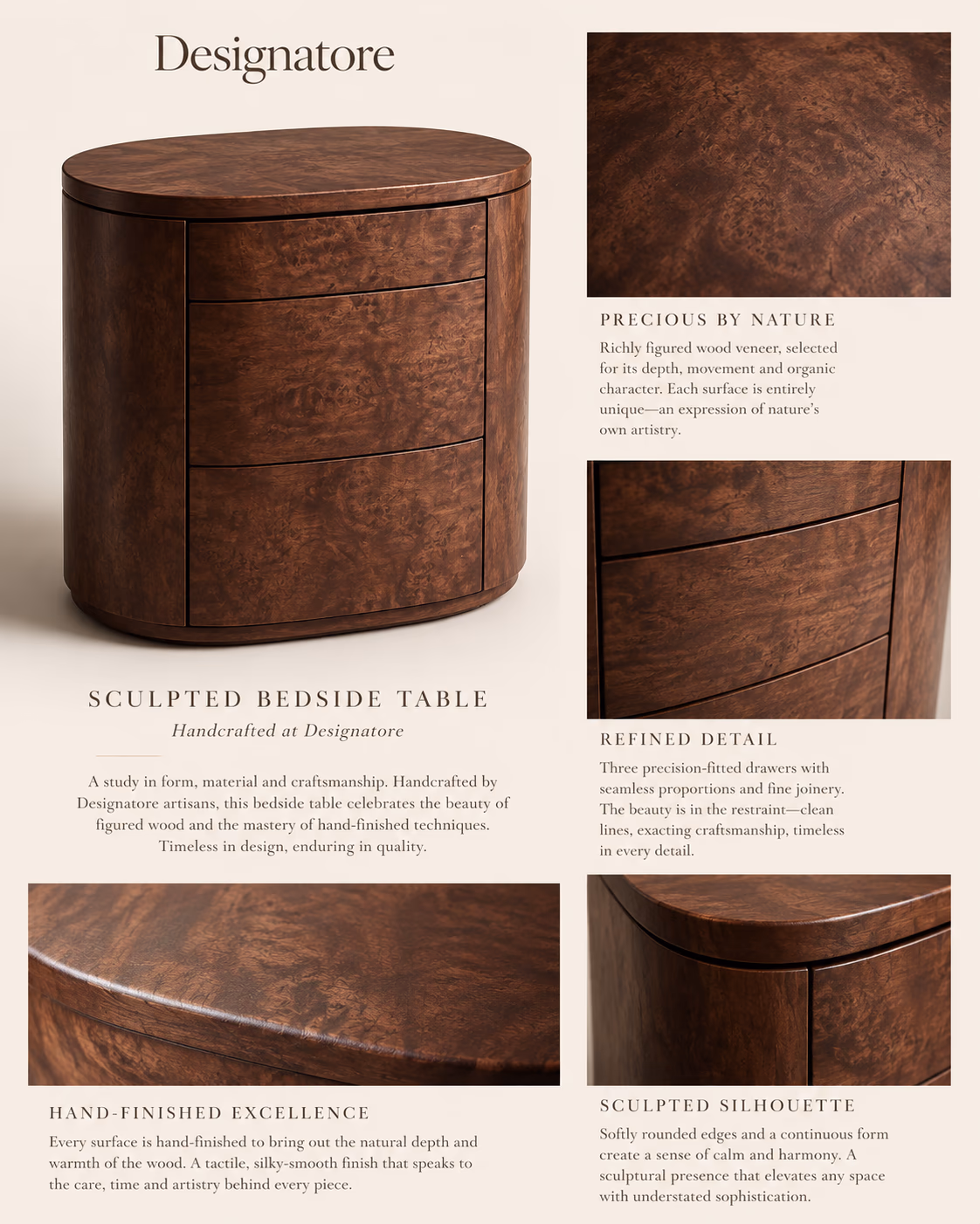 Designatore sculpted bedside table in richly figured burl wood veneer with three curved soft-close drawers and a rounded oval form.