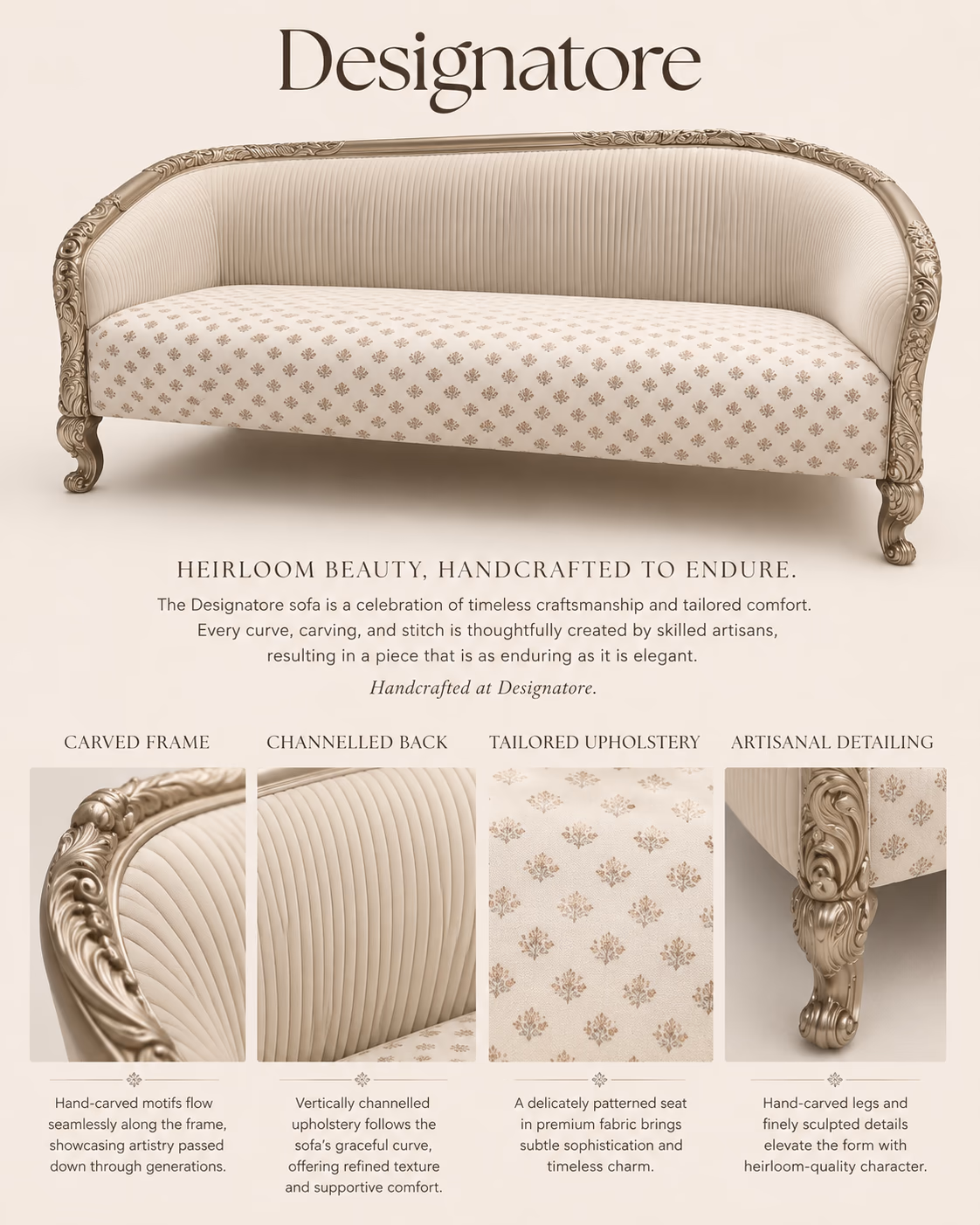 Designatore hand-carved heirloom sofa with a silver-leaf frame, channelled back and a delicate block-print seat on cabriole legs.