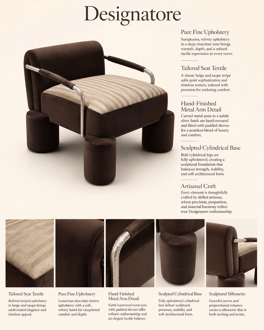 Designatore chocolate velvet lounge chair with a beige-and-taupe striped seat, hand-textured silver metal arms and bold upholstered cylindrical legs.