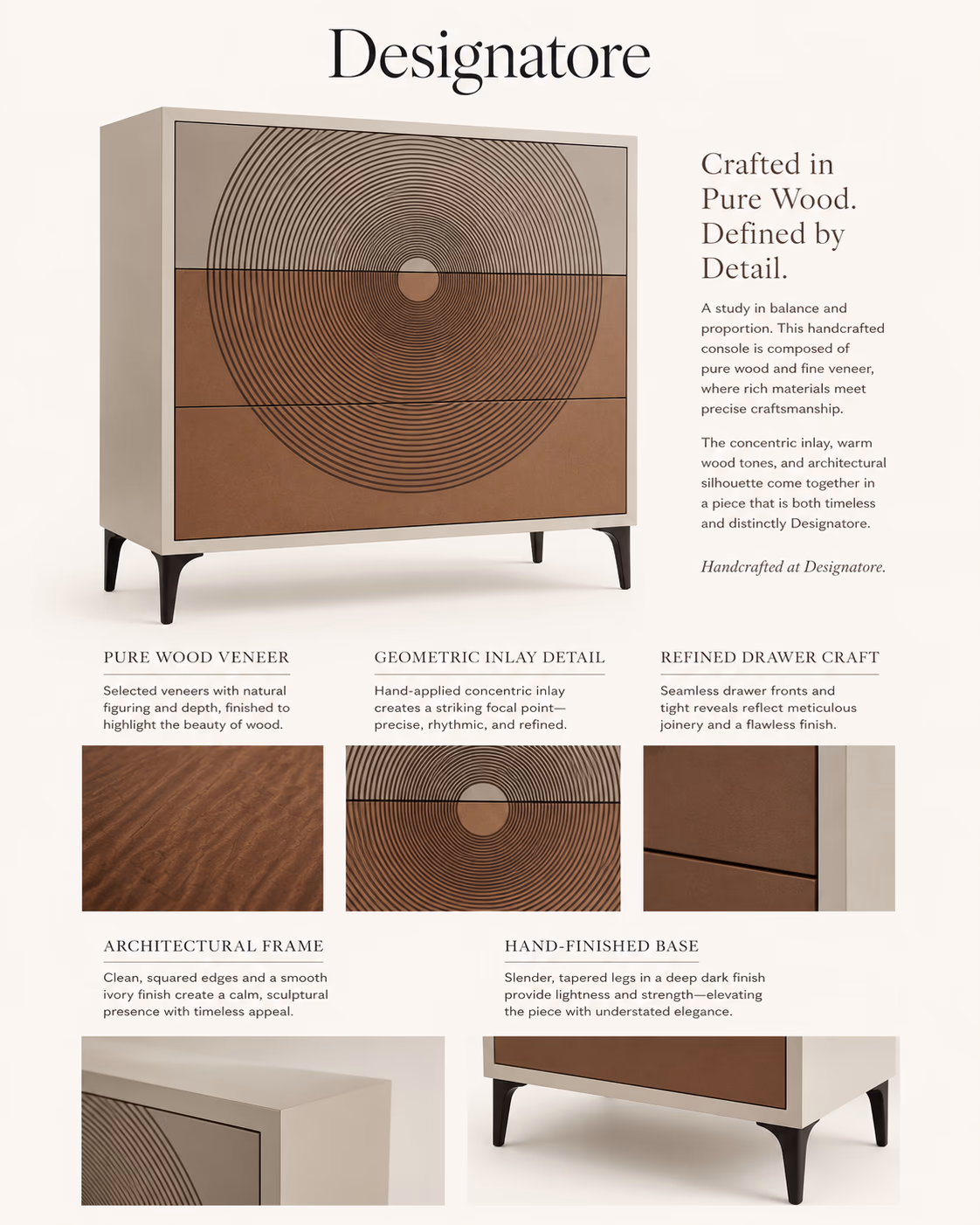 Designatore concentric-inlay console in pure wood with an ivory frame, warm wood drawers carved in a hand-inlaid ring pattern on slim dark tapered legs.