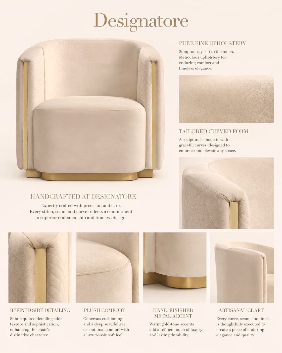 Designatore cream velvet curved tub armchair with quilted sides and slim gold-tone accents on a low gold base.