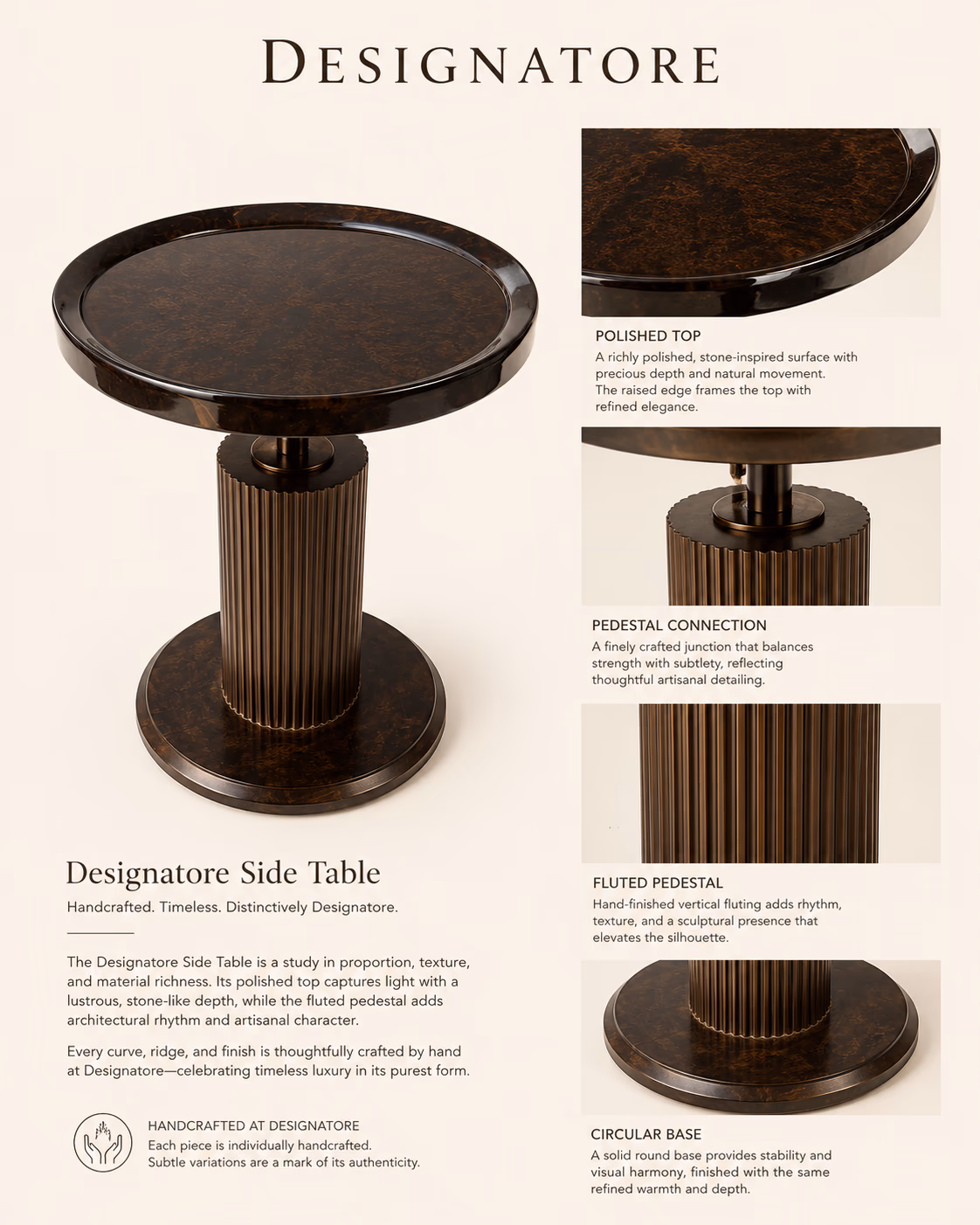 Designatore side table with a richly polished stone-look top and a raised edge on a hand-fluted vertical pedestal and solid round base.