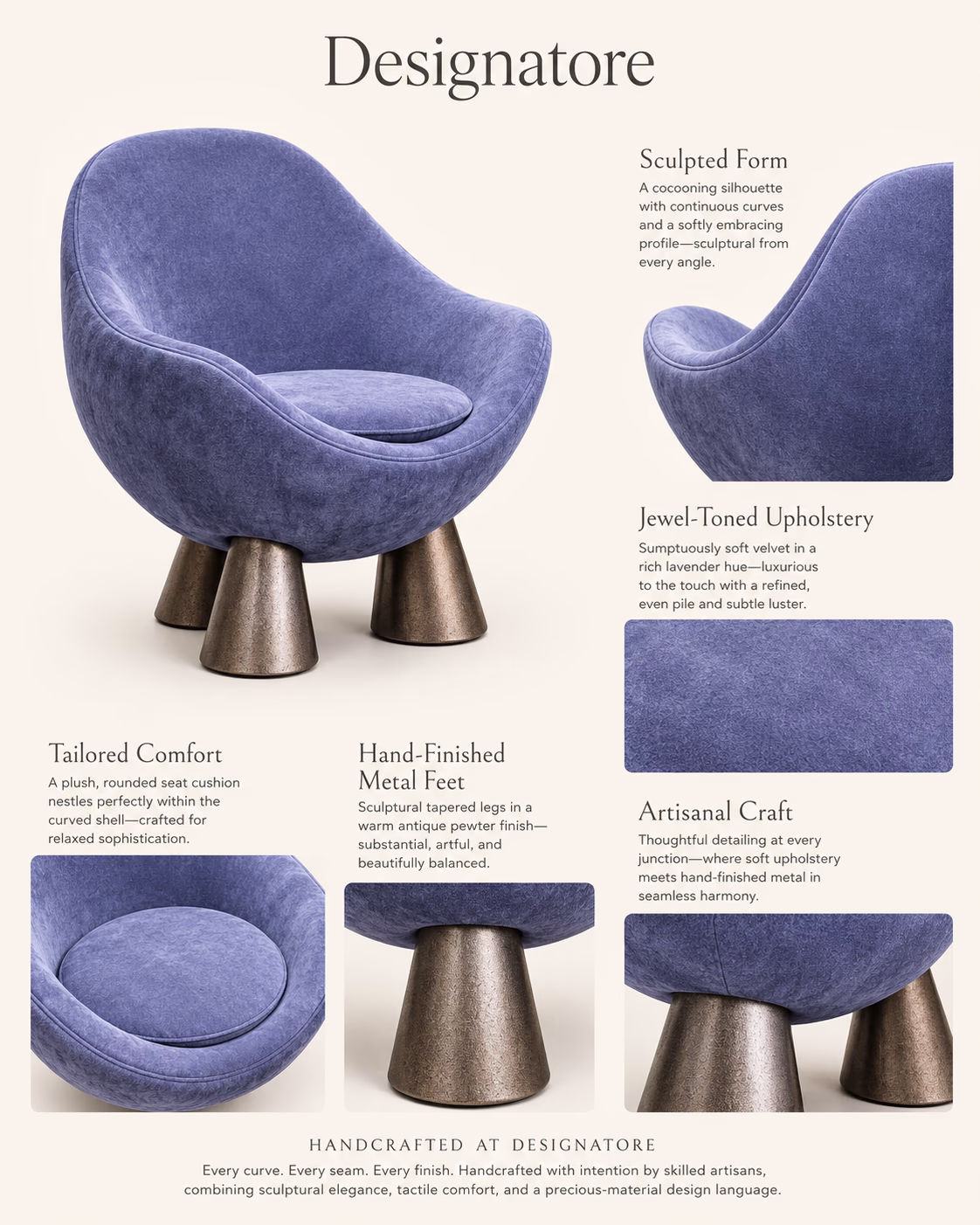 Designatore lavender velvet accent chair with a cocooning curved shell on sculpted antique-pewter cone feet.