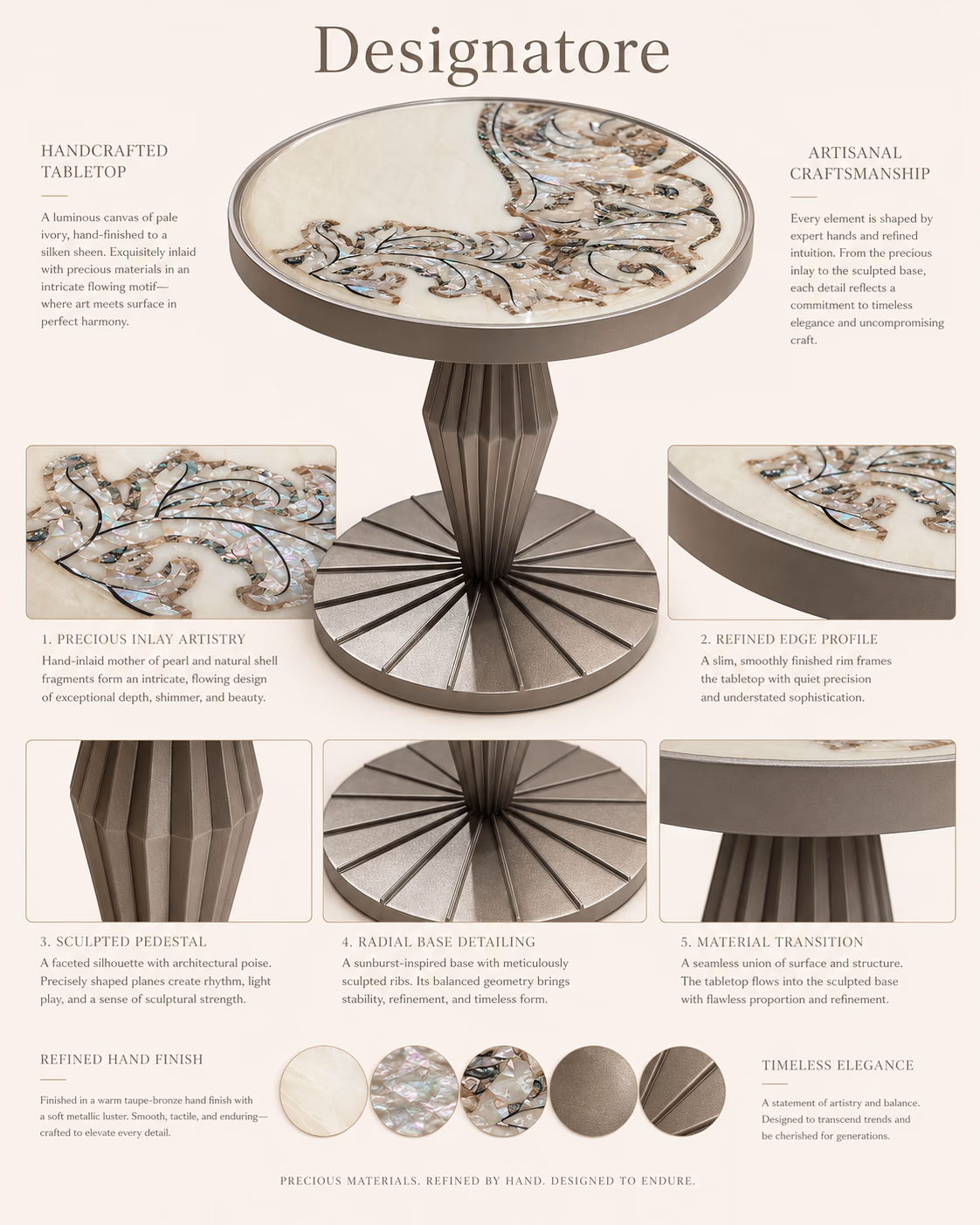 Designatore round coffee table with a pale ivory top hand-inlaid with mother-of-pearl and shell in a flowing paisley motif, on a faceted taupe-bronze pedestal with a sunburst base.
