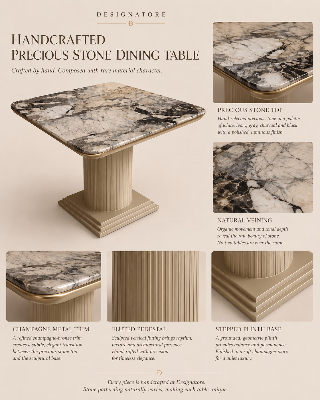 Designatore precious-stone dining table with a hand-selected white, grey and charcoal stone top, champagne-bronze trim, a fluted pedestal and a stepped plinth base.