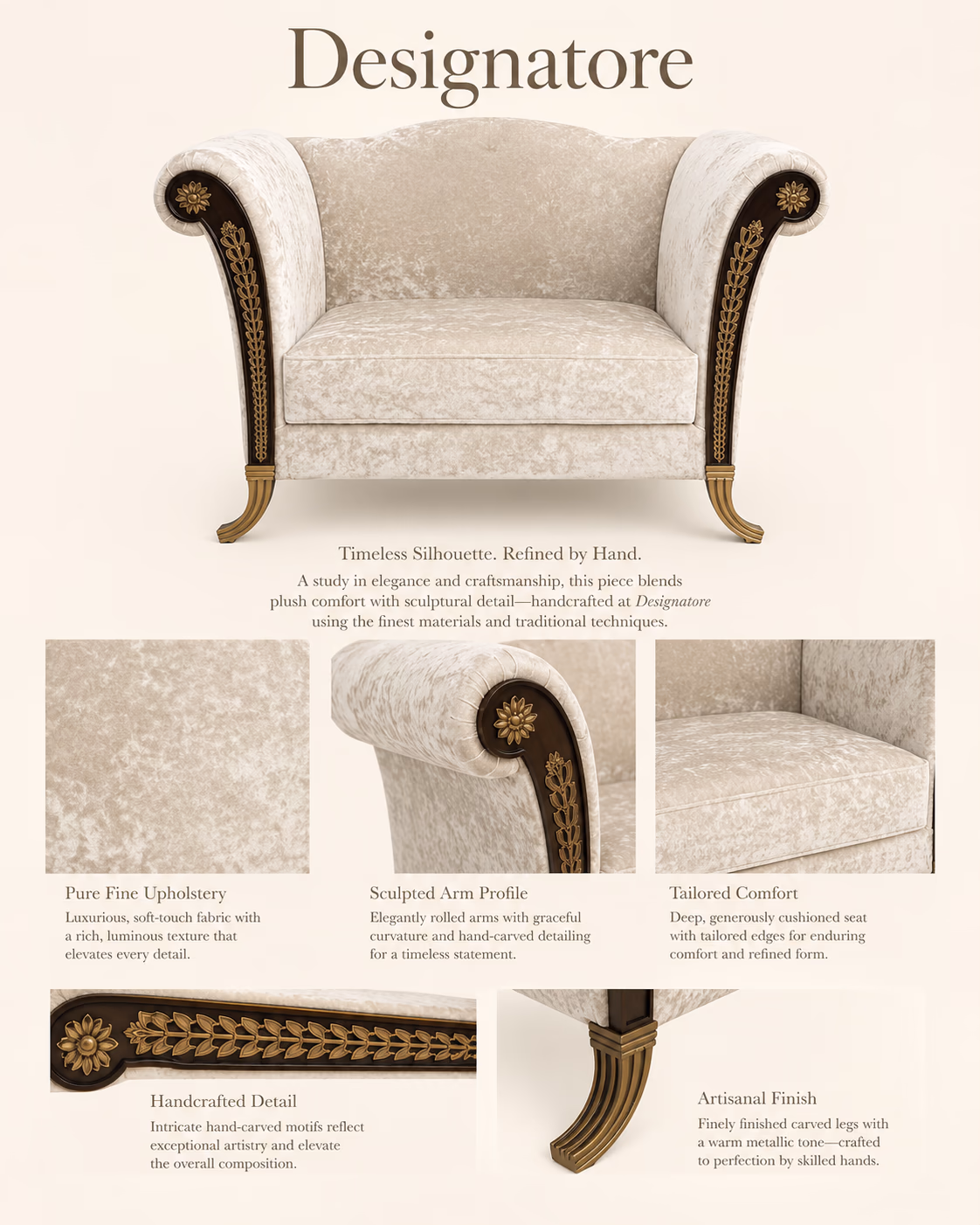 Designatore Regency-style accent armchair in cream crushed velvet with hand-carved gilt foliate arms and splayed carved gold legs.