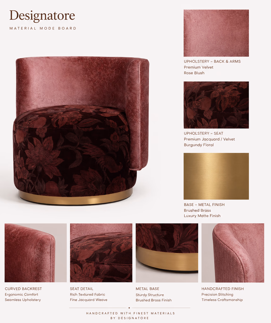 Designatore rose velvet swivel chair with a blush curved back, burgundy floral jacquard seat and a brushed-brass base.