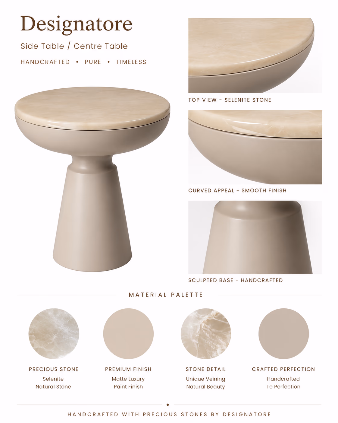 Designatore drum-shaped side and centre table with a creamy selenite precious-stone top on a smooth sculpted matte taupe base.