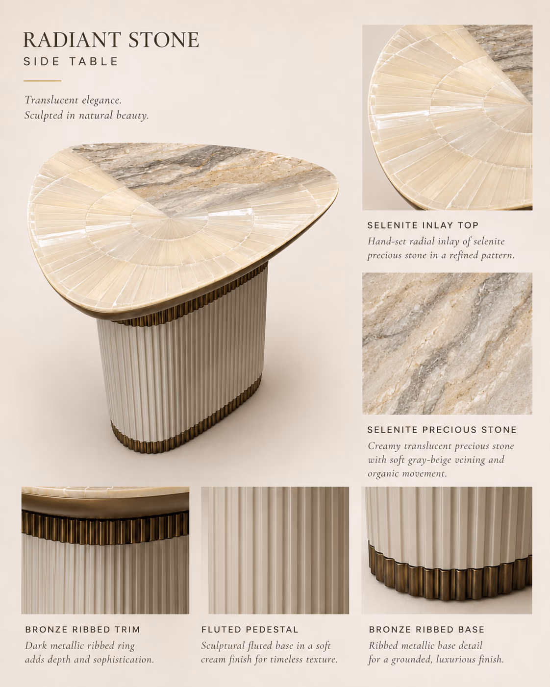 Designatore side table with a soft-triangle top of hand-set selenite precious stone in a radial sunburst inlay on a cream fluted base with bronze ribbed trim.