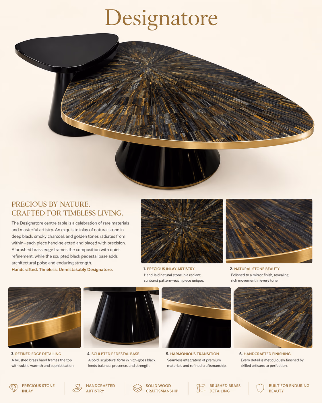 Designatore centre table with a natural-stone sunburst inlay top in black, charcoal and golden tones, framed by a brushed-brass edge on a high-gloss black pedestal, shown with a small nesting side table.