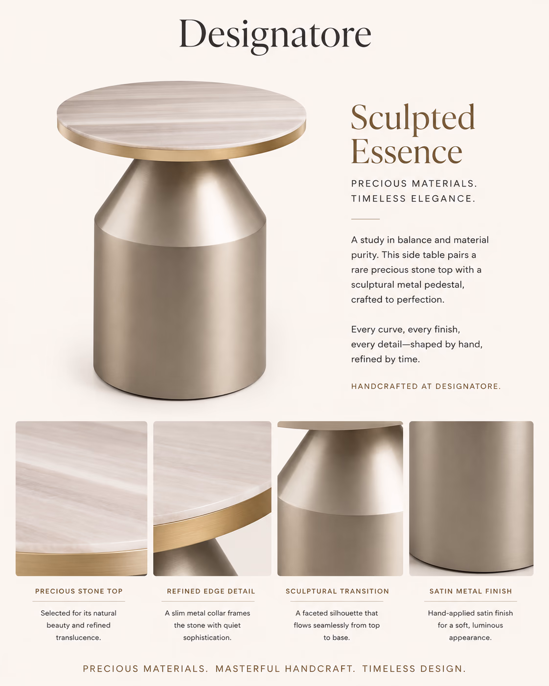 A finished side table with a hand-matched natural agate top paired with a brushed brass base.