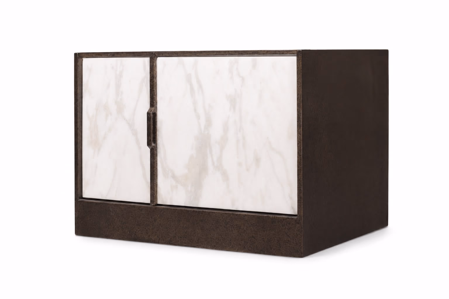 Low shoe cabinet with a dark bronze metal frame and two white marble front doors joined by a slim bronze handle.