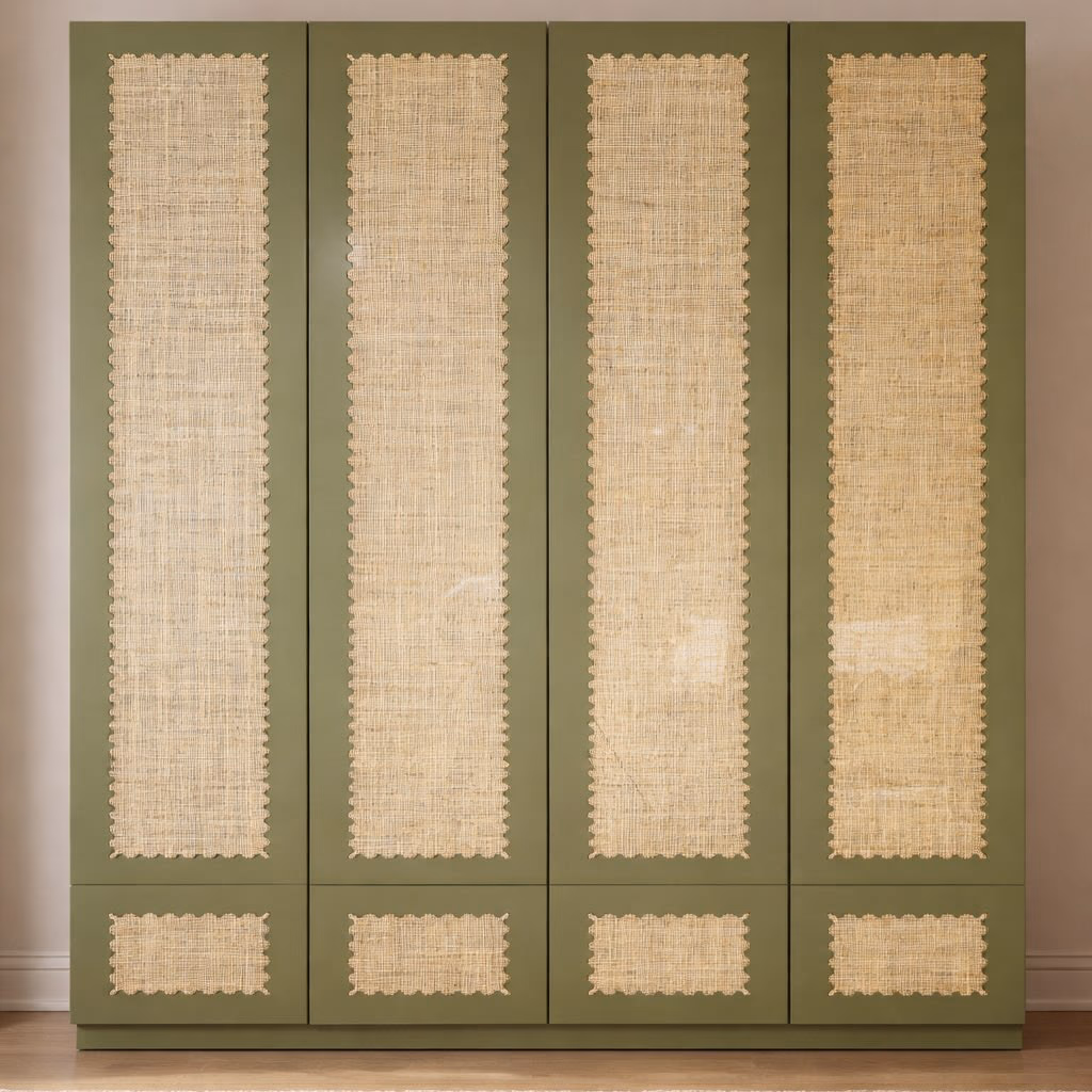 Four-door olive green wardrobe with tall woven cane centre panels edged in scalloped brass trim, matching cane panels on the lower drawer fronts and a recessed plinth.
