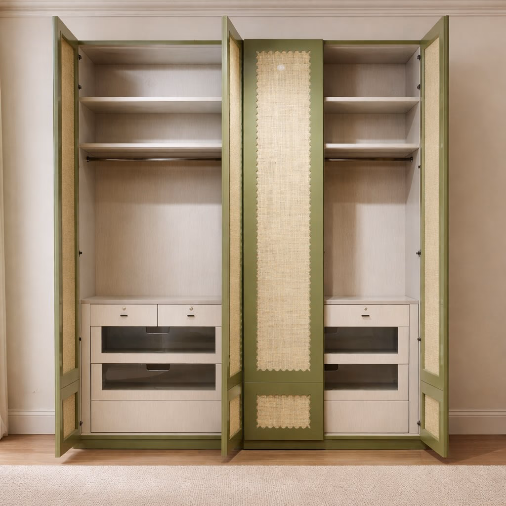 The open interior of a made-to-measure wardrobe with cane panel doors, showing hanging rails, shelves and drawers at set heights.