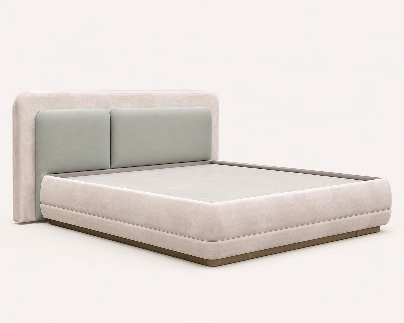 Designatore bed with a tall curved ivory upholstered headboard, two soft sage green inset cushion panels, a fully upholstered frame and a low brushed champagne metal plinth, shown alone on a bone-white ground.