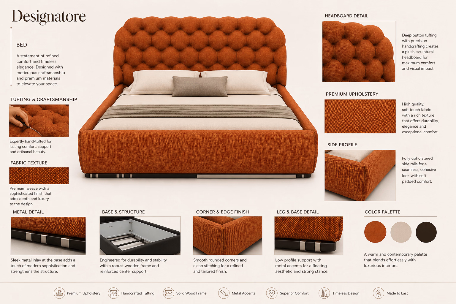 Material and craftsmanship sheet for the Designatore rust button-tufted bed, showing the deep hand-tufted headboard, the premium woven upholstery texture, the side profile, the metal inlay at the base, the reinforced wooden frame and the rust, cream and dark brown colour palette.