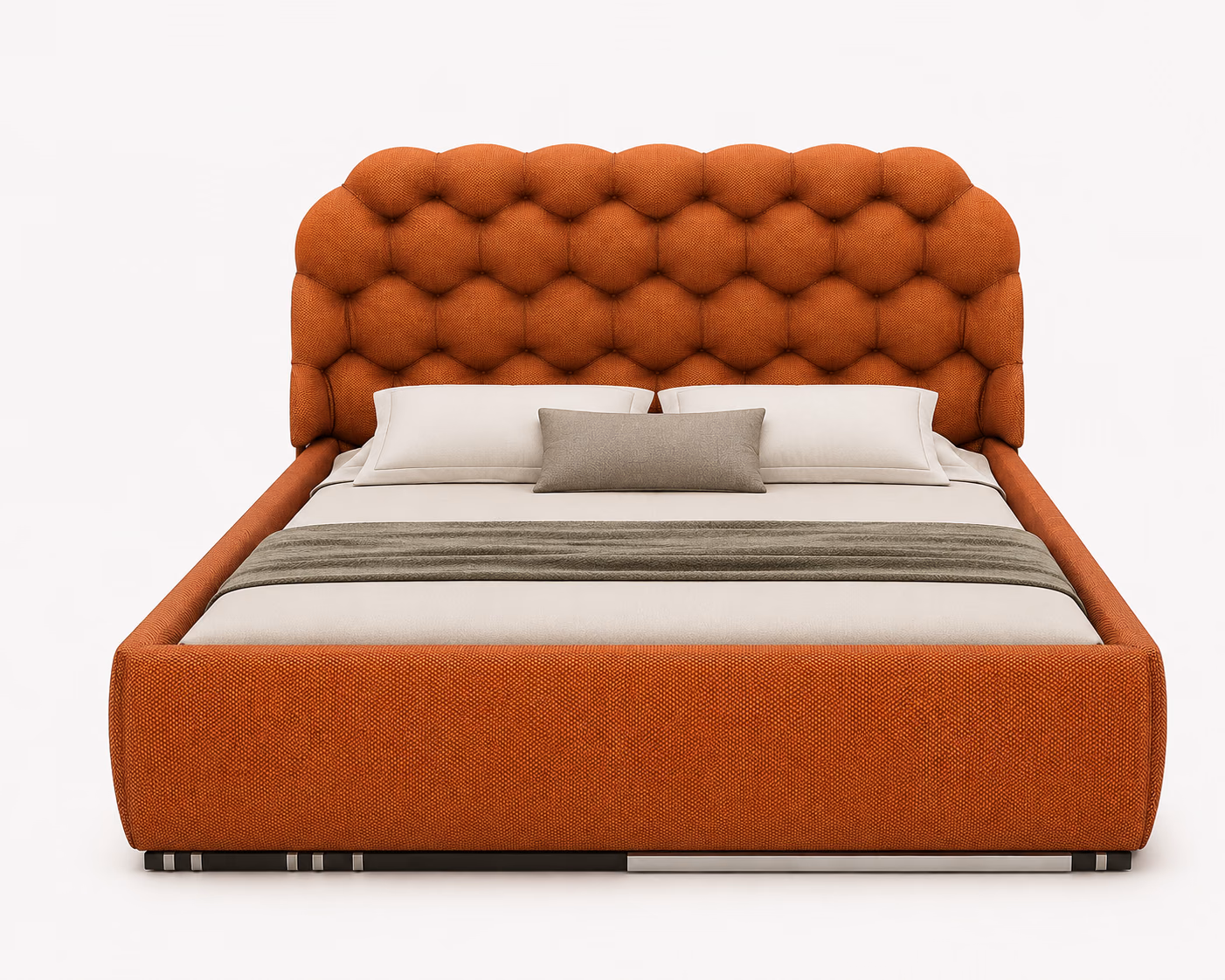 Designatore upholstered bed with a deep button-tufted headboard in rust textured fabric, a scalloped crown, fully upholstered side rails and a slim metal inlay at the base, shown alone on a bone-white ground.