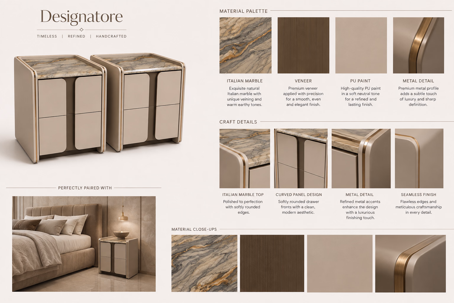 Material and craftsmanship sheet for the Designatore Italian marble bedside table, showing swatches for the Italian marble, the premium veneer, the PU paint and the metal detail, with close-ups of the marble top, the curved drawer panels, the metal accent and the seamless edge finish.