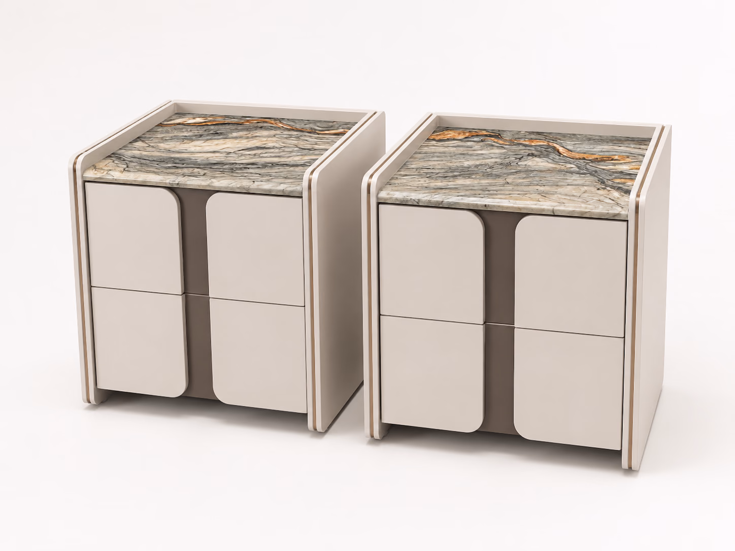 A pair of Designatore bedside tables shown alone on a bone-white ground, each with a green and amber veined Italian marble top in a raised gallery, two greige curved drawer fronts and slim metal profiles running down the corners.
