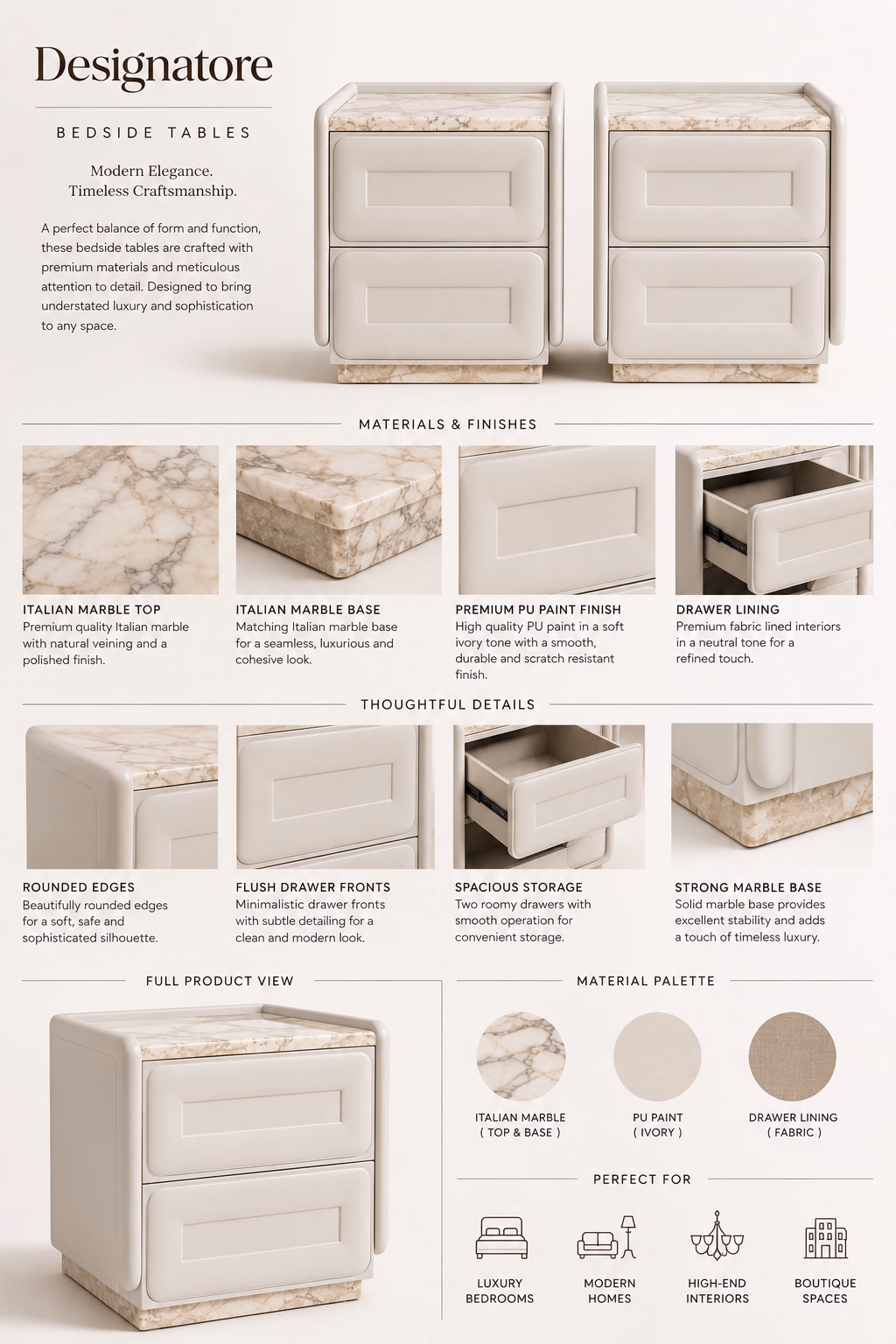 Materials and details sheet for the Designatore ivory Italian marble bedside table, showing the Italian marble top and matching marble base, the ivory PU paint finish and the fabric drawer lining, with close-ups of the rounded edges, flush drawer fronts, open drawer interior and marble plinth.