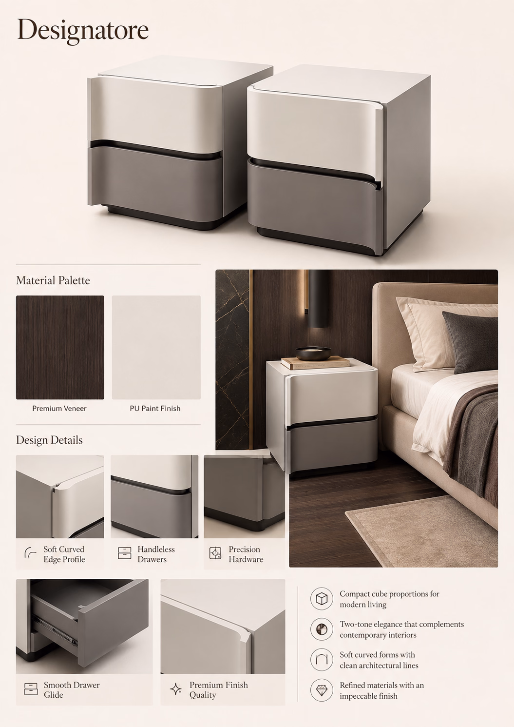 Material and design sheet for the Designatore two-tone cube bedside table, showing the premium veneer and PU paint finish swatches, and close-ups of the soft curved edge profile, the handleless drawers, the precision hardware, the smooth drawer glide and the styled pair beside a bed.