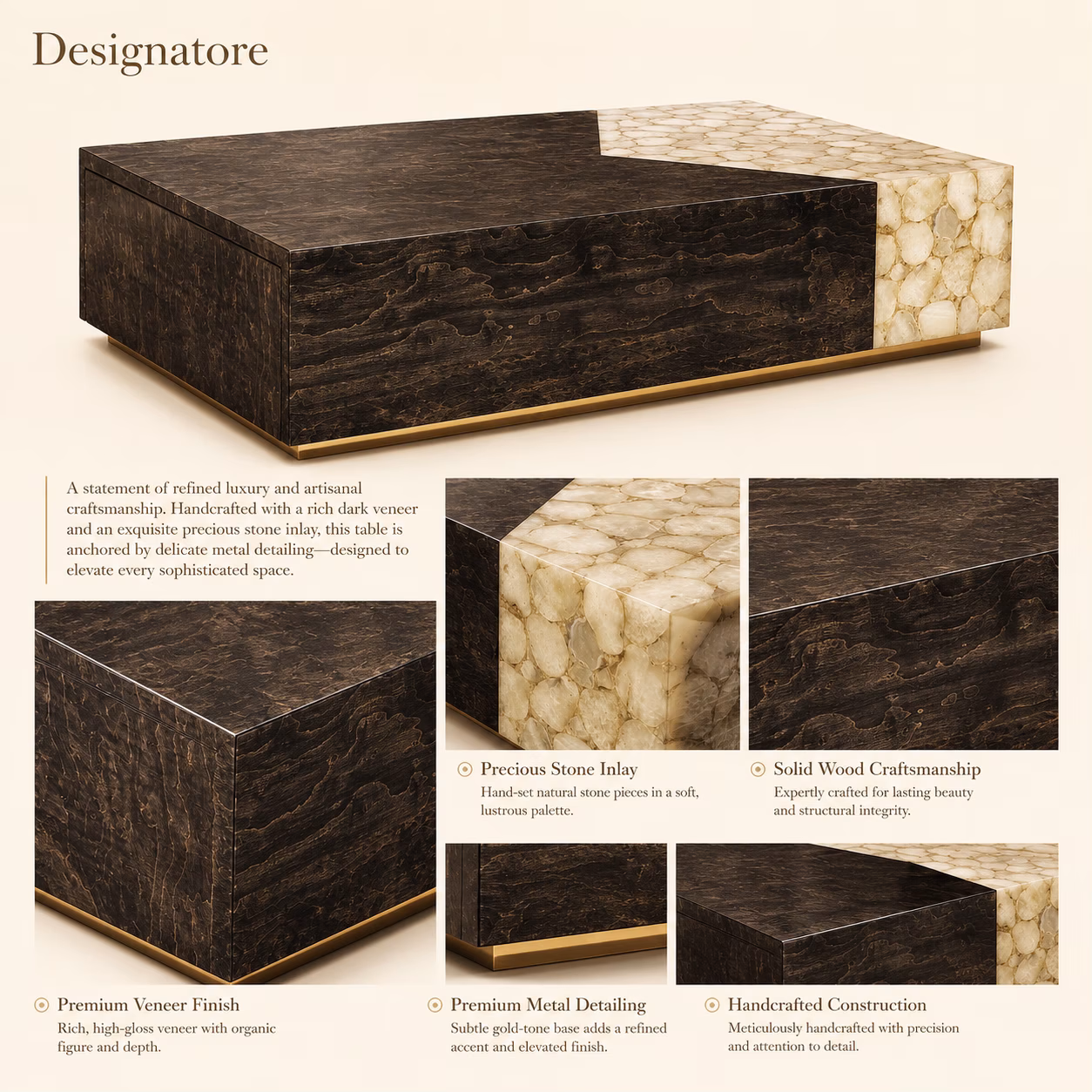 Materials sheet for the Designatore dark veneer centre table, showing the high-gloss veneer figure, the hand-set precious stone inlay corner, the gold-tone metal base detail and close-ups of the block edge, the stone surface and the recessed metal plinth.