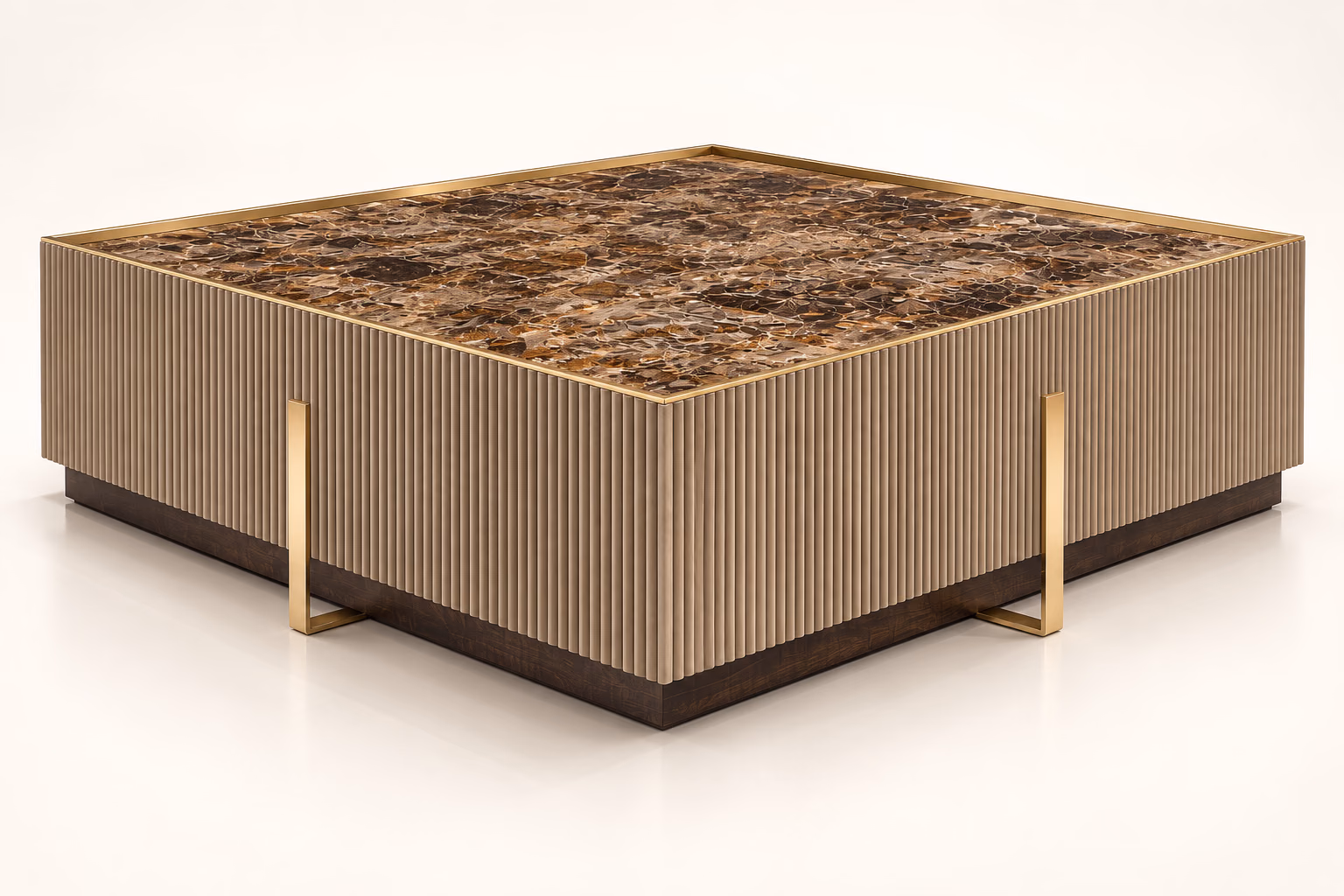 Designatore square centre table shown alone on a white ground, with a polished brown natural stone top framed in brushed brass, vertically fluted wood side panels, minimal brass legs and a dark solid wood plinth.