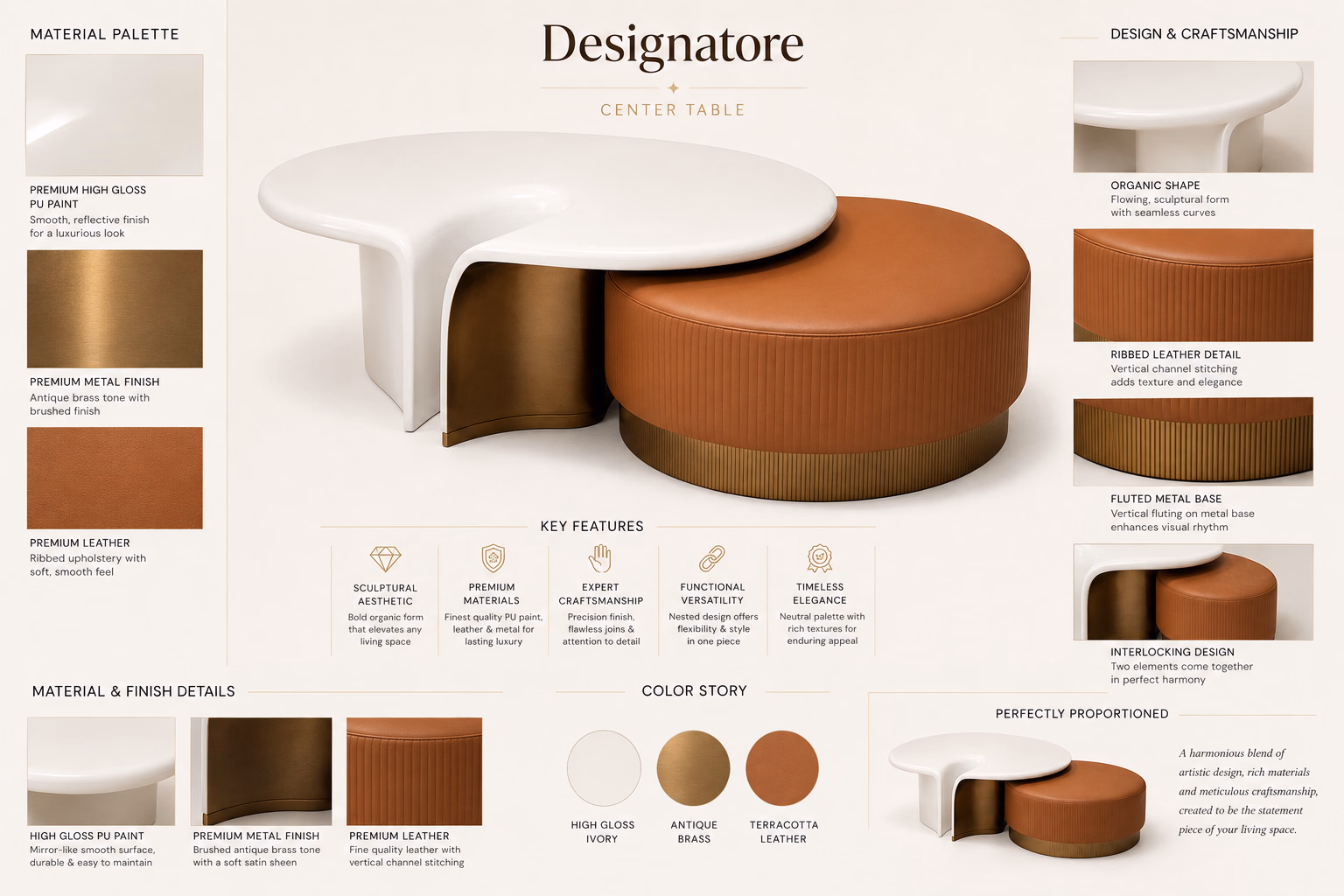 Material and craftsmanship sheet for the Designatore nesting centre table, showing the high-gloss ivory PU paint, the antique brass brushed metal finish and the ribbed terracotta leather, with close-ups of the organic shape, the vertical channel stitching, the fluted metal base and the interlocking pair.